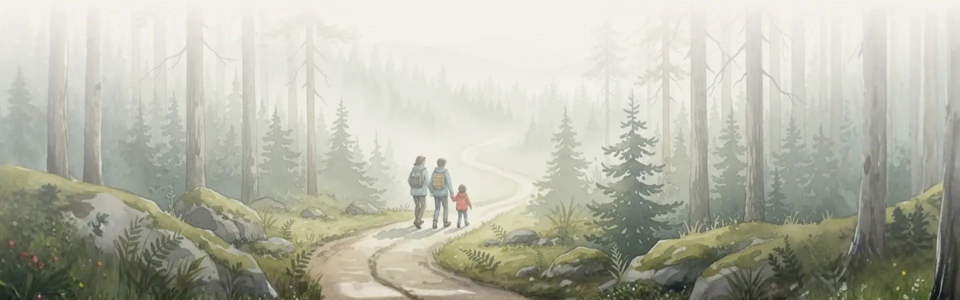 Turyści idący krętą ścieżką w górskim lesie w okolicach Wysowej-Zdroju