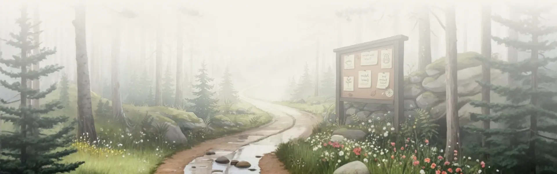 Leśna trasa z tablicą informacyjną na szlaku turystycznym.