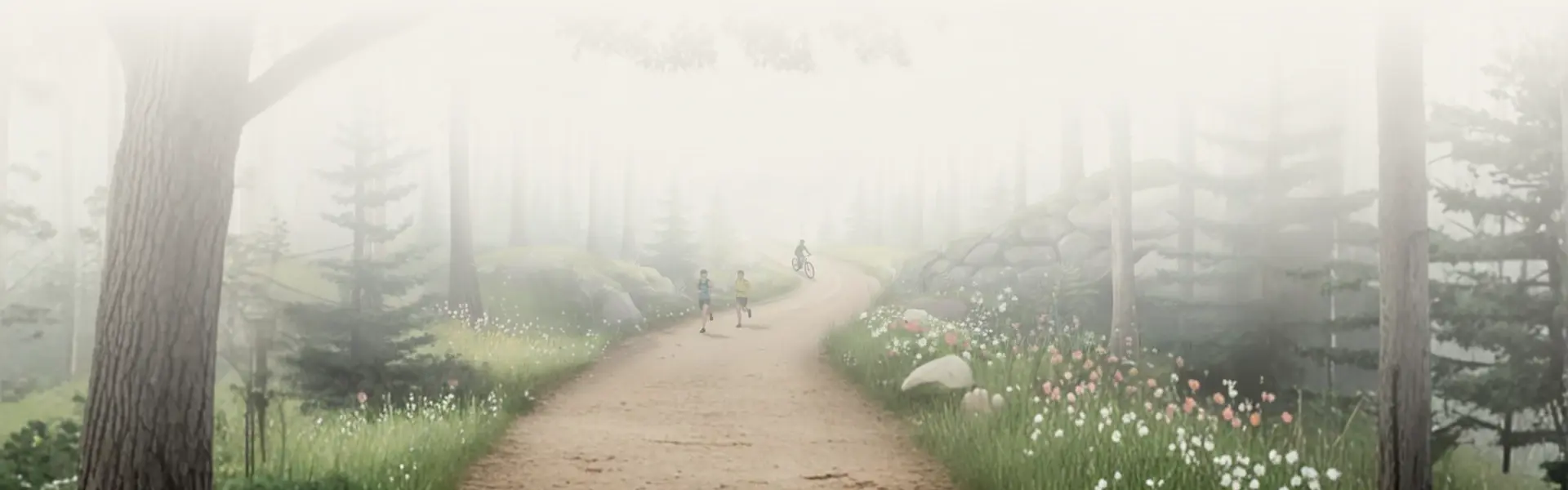 Trasa przez las z ludźmi biorącymi udział w zawodach biegowych oraz rowerowych