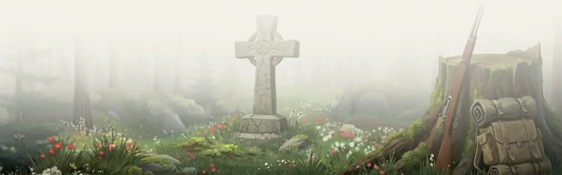 Kamienny krzyż i elementy historyczne w lesie, nawiązujące do wydarzeń z regionu Beskidu Niskiego.