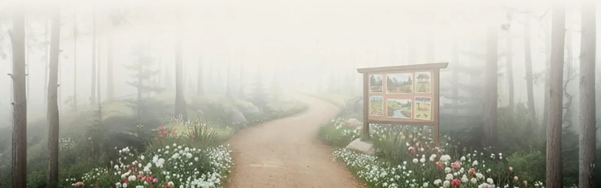 Ścieżka wśród drzew z tablicą informacyjną promującą dokonania Stowarzyszenia Przekrocz Granice na rzecz rozwoju regionu.