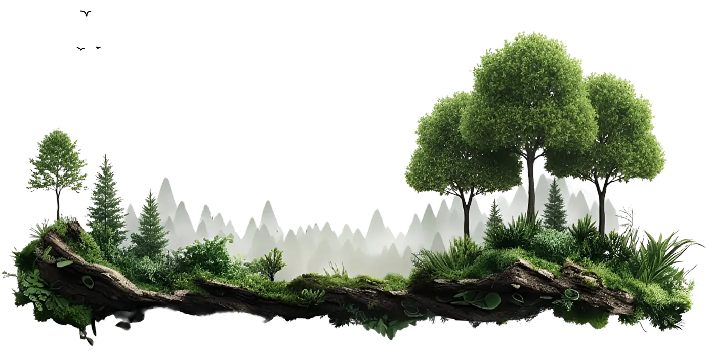 Ilustracja przedstawiająca fragment leśnego krajobrazu z drzewami, krzewami i zieloną roślinnością na tle gór w lekkiej mgle.
