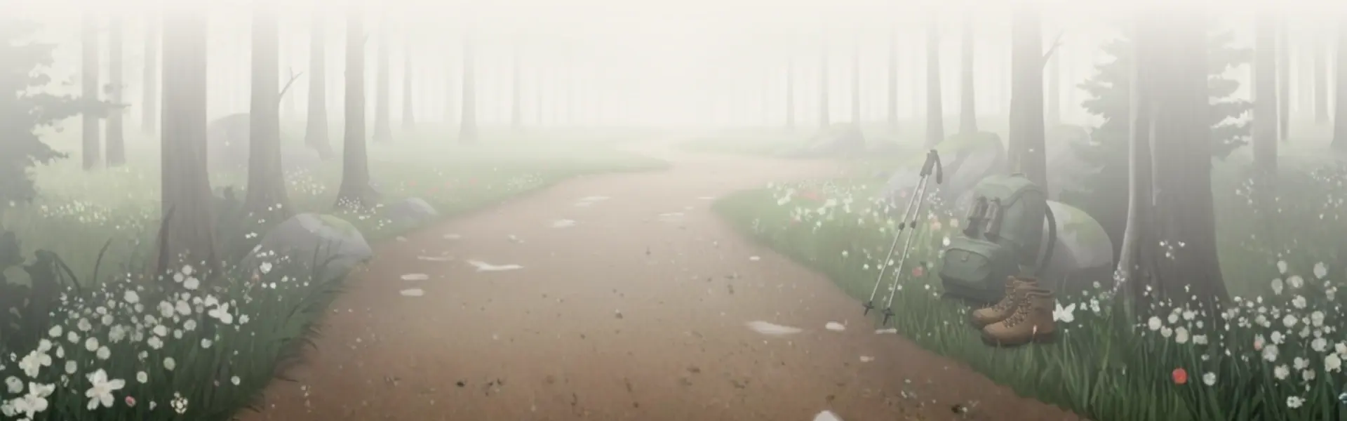 Leśna scieżka wśród drzew spowita poranną mgłą, z elementami wyposażenia górskiego.